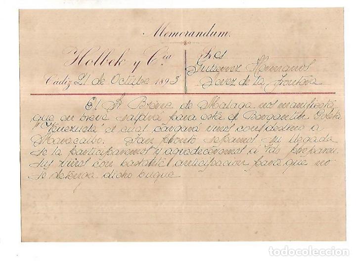 Documentos antiguos: MEMORANDUM. HOLBECK Y CIA. CADIZ. 1893
