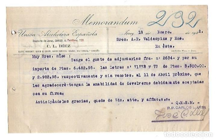 Documentos antiguos: MEMORANDUM. UNION ALCOHOLERA ESPA&Ntilde;OLA. C.L.DIEZ. JEREZ. 1922