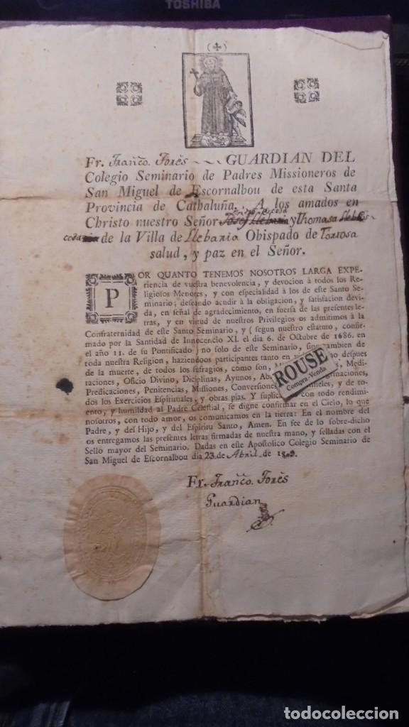Documentos antiguos: SAN MIGUEL DE ESCORNALBOU - Fr.FRANCO. TORRES - GUARDIAN DEL COLEGIO SEMINARIO DE PADRES MISSIONEROS