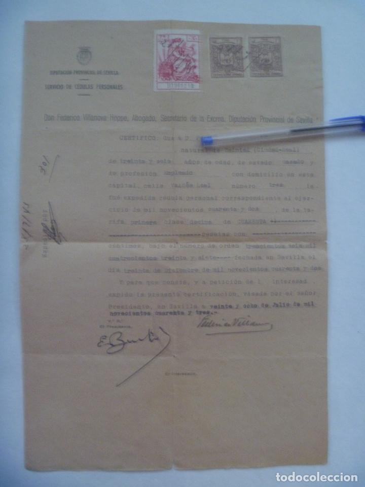 Documentos antiguos: DIPUTACION SEVILLA: CERTIFICADO EXPEDICION DE CEDULA PERSONAL. SEVILLA, 1943. VI&Ntilde;ETA REPUBLICA