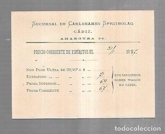 Documentos antiguos: CADIZ. 1887. CARLSHAMNS SPRITBOLAG. LISTA DE PRECIOS. VINOS. VER DORSO