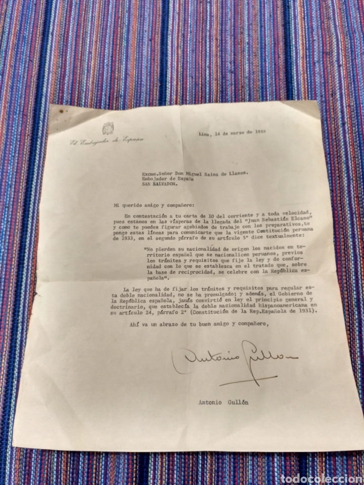 Documents Anciens: Documento 1958 Embajada Espa&ntilde;a en Per&uacute; sobre doble nacionalidad