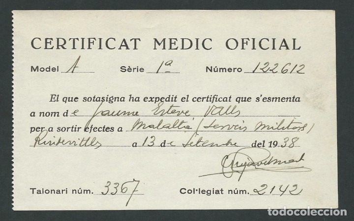 Documents Anciens: CERTIFICAT MEDIC OFICIAL A&Ntilde;O 1938 BAJA MEDICA SELLO COLEGI OFICIAL DE METGES SERVICIOS MILITARES