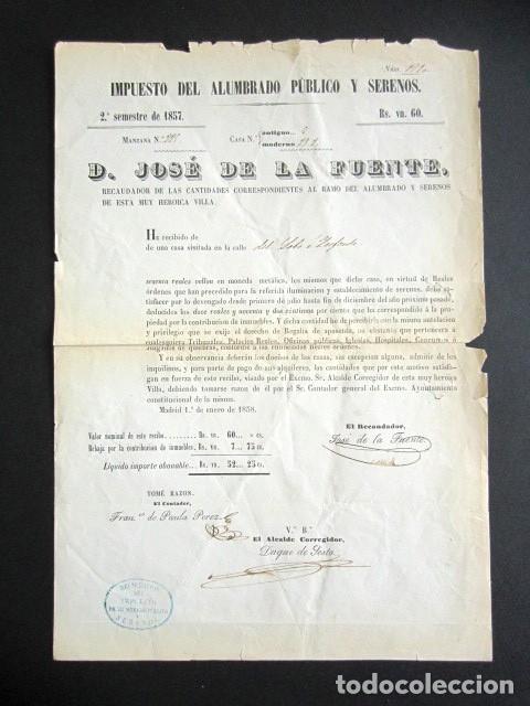 Documentos antiguos: A&Ntilde;O 1858. MADRID. RECIBO IMPUESTOS DEL ALUMBRADO P&Uacute;BLICO Y SERENOS.