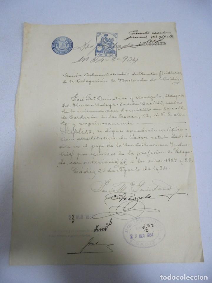 Alte Dokumente: CADIZ. 1934. SOLICITUD DE HABER ESTADO DADO DE ALTA EN LA CONTRIBUCION