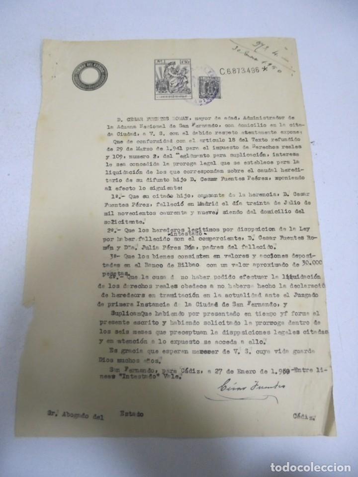 Alte Dokumente: SAN FERNANDO. 1950. SOLICITUD DE PRORROGA DE GASTOS DE HERENCIA. MEDIDAS : 31.5 X 22 CM APROX.