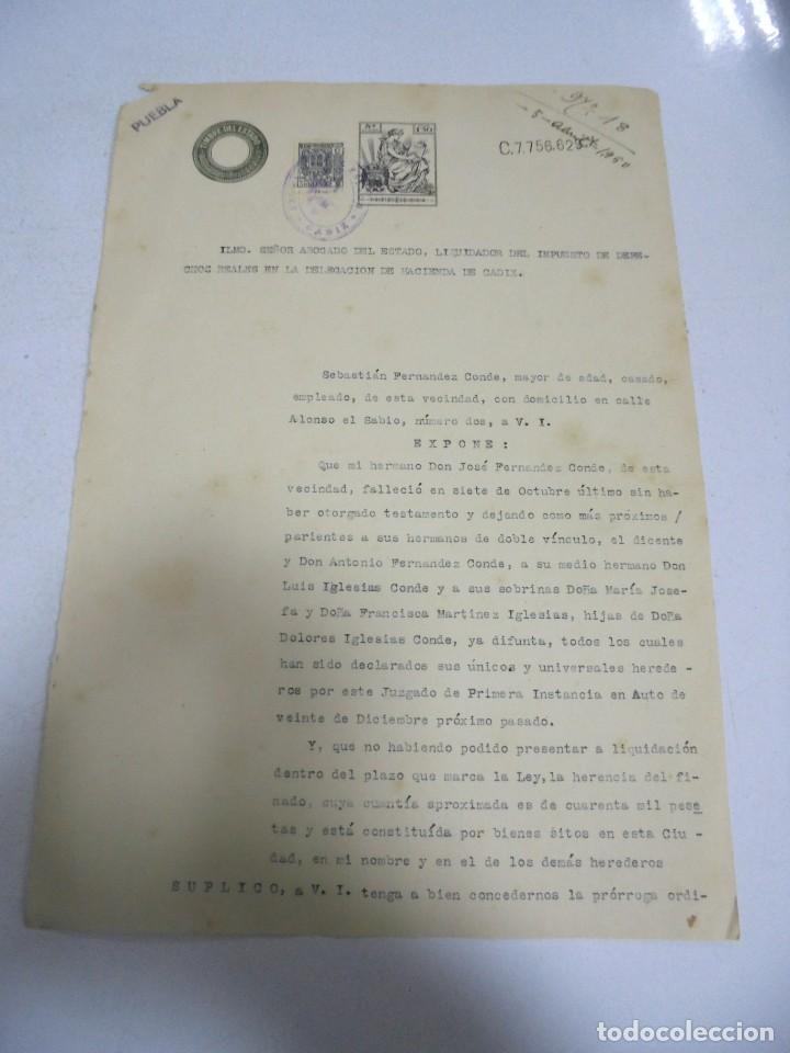 Documentos antiguos: CADIZ. 1950. SOLICITUD DE PRORROGA. LIQUIDACION DE HERENCIA. VER