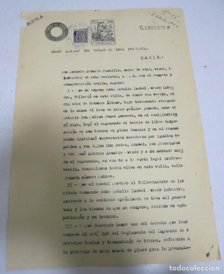 Documentos antiguos: TESTAMENTO. CADIZ. 1950. SOLICITUD DE APLAZAMIENTO DE DERECHO REAL. LEER