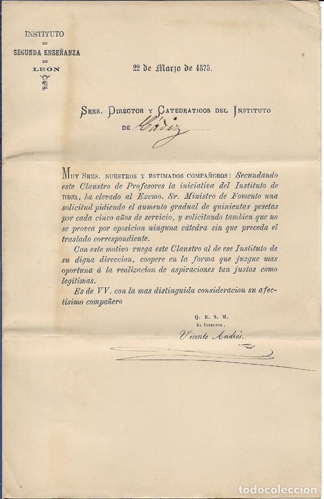 Documentos antiguos: ESCRITO DEL INSTITUTO DE LE&Oacute;N AL DE C&Aacute;DIZ, 1875 - Foto 2