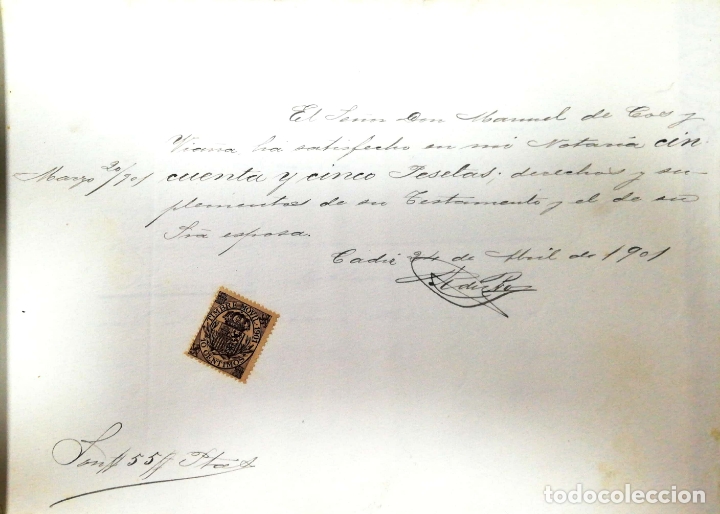 Documentos antiguos: CADIZ, 1901.TESTAMENTO DE MANUEL DE COS Y VIA&Ntilde;O. - Foto 2