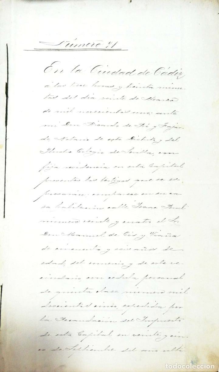 Documentos antiguos: CADIZ, 1901.TESTAMENTO DE MANUEL DE COS Y VIA&Ntilde;O. - Foto 1
