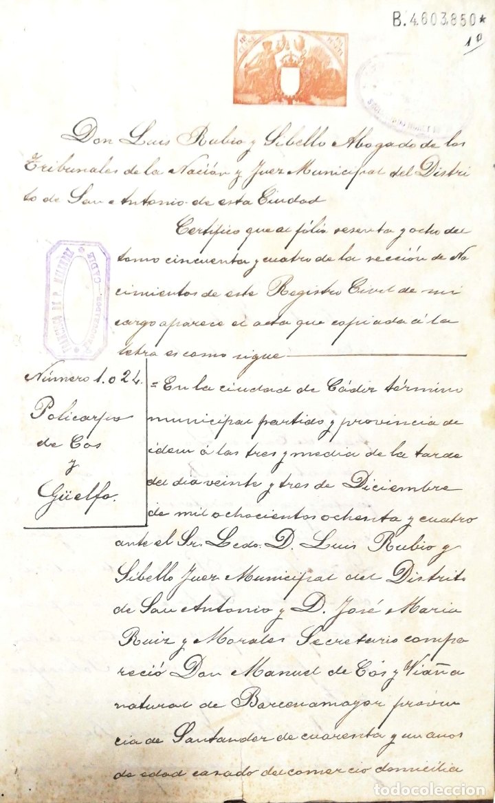 Documenti antichi: CADIZ, 1908. INSCRIPCION DE NACIMIENTO. HIJA DE MANUELA GUELFO Y PEDEMONTE.