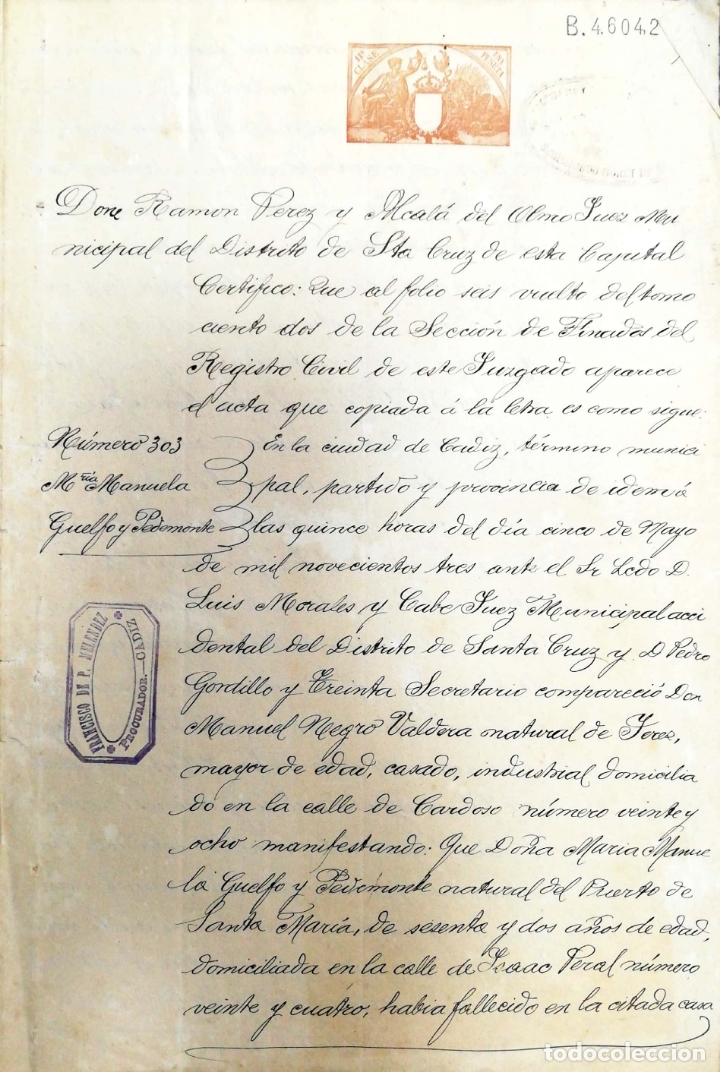 Documenti antichi: CADIZ, 1908. CERTIFICADO DE DEFUNCION DE D&ordf; MARIA GUELFO DE PEDEMONTE.