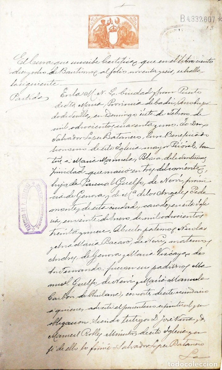 Documenti antichi: PUERTO DE SANTA MARIA, CADIZ, 1908. CERTIFICADO DEL BAUTISMO. M&ordf; MANUELA BLASA DE LA STMA. TRINIDAD