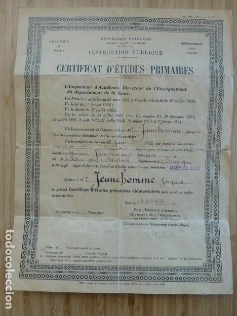 Documentos antiguos: CERTIFICADO DE ESTUDIOS PRIMARIOS REPUBLICA FRANCESA 1938 - Foto 1