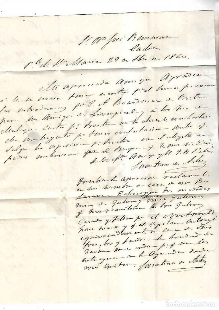 Documenti antichi: CARTA. DEL PUERTO A CADIZ. FRANCA. 1860