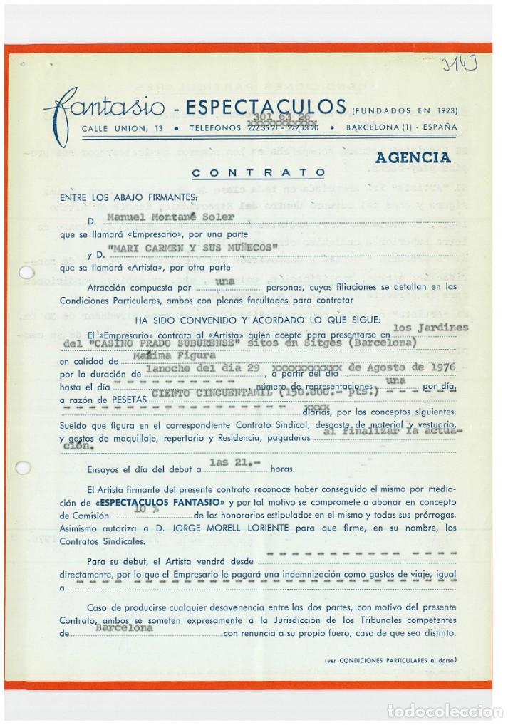 Documentos antiguos: Contrato. Fantasio y Mari Carmen y sus Mu&ntilde;ecos, para actuaci&oacute;n en Sitges, 1976 [AUT&Oacute;GRAFO]