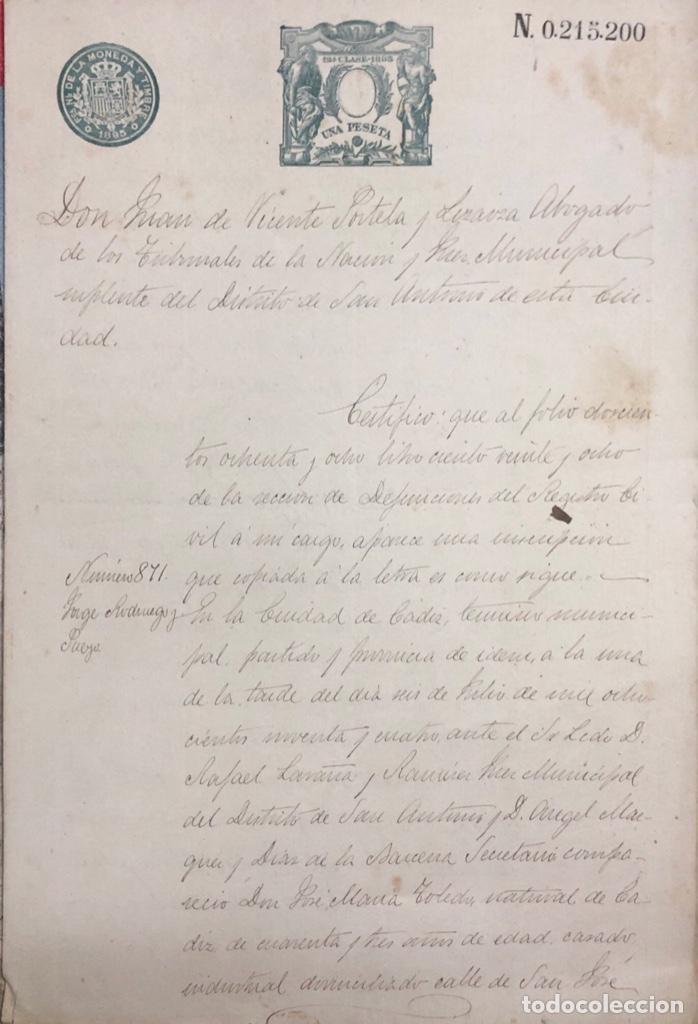 Documenti antichi: CADIZ. CERTIFICADO DE DEFUNCION DE DON JORGUE RODRUEJO Y PUEYO. A&Ntilde;O, 1895