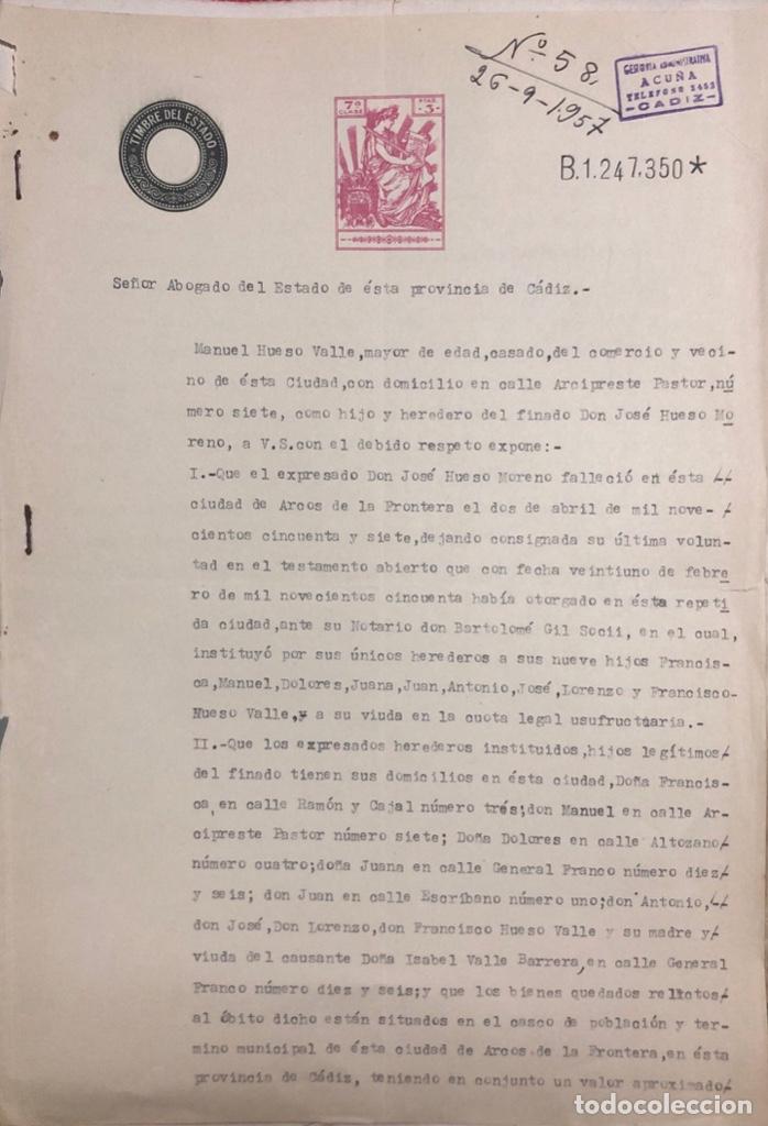Documenti antichi: ARCOS DE LA FRONTERA. IMPUESTO DE DERECHOS REALES. MANUEL HUESO VALLE. A&Ntilde;O 1957