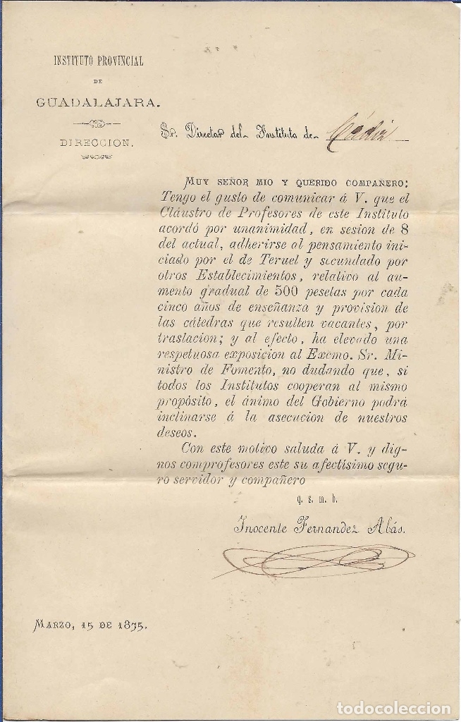 Documentos antiguos: ESCRITO DEL INSTITUTO DE GUADALAJARA AL DE C&Aacute;DIZ, 1875 - Foto 1