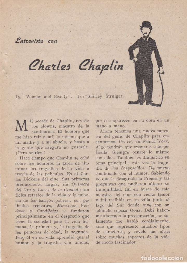Documentos antiguos: dos hojas revista reportaje de charles chaplin - Foto 1