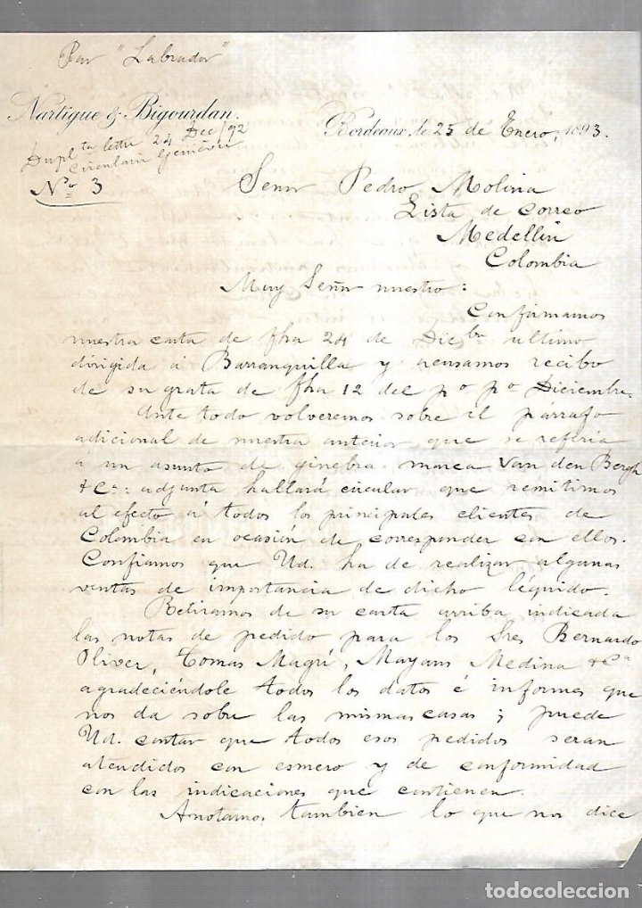 Documenti antichi: CARTA COMERCIAL. NARTIGUE & BIGOURDAN. BORDEAUX, FRANCIA. 1893