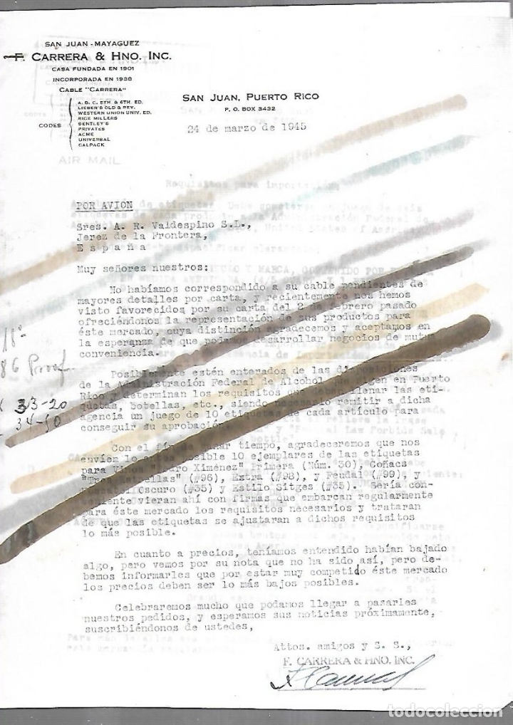 Documenti antichi: CARTA COMERCIAL. F.CARRERA & HNO. INC. SAN JUAN - MAYAGUEZ. SAN JUAN DE PUERTO RICO. 1945. POR AVION