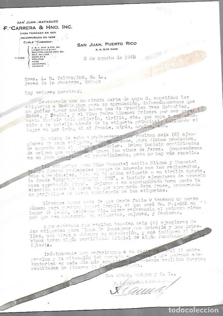 Documenti antichi: CARTA COMERCIAL. F.CARRERA & HNO. INC. SAN JUAN - MAYAGUEZ. SAN JUAN DE PUERTO RICO. 1945. POR AVION