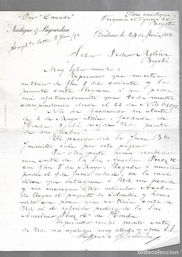 Documenti antichi: CARTA COMERCIAL. NARTIGUE & BIGOURDAN. BORDEAUX, FRANCIA. 1893. ENCAMINADA POR 'CANADA'