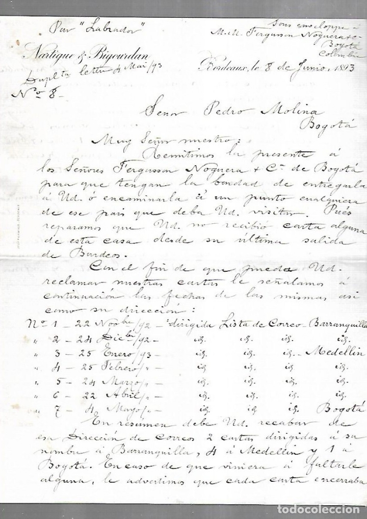 Documenti antichi: CARTA COMERCIAL. NARTIGUE & BIGOURDAN. BORDEAUX, FRANCIA. 1893. ENCAMINADA POR 'LABRADOR'
