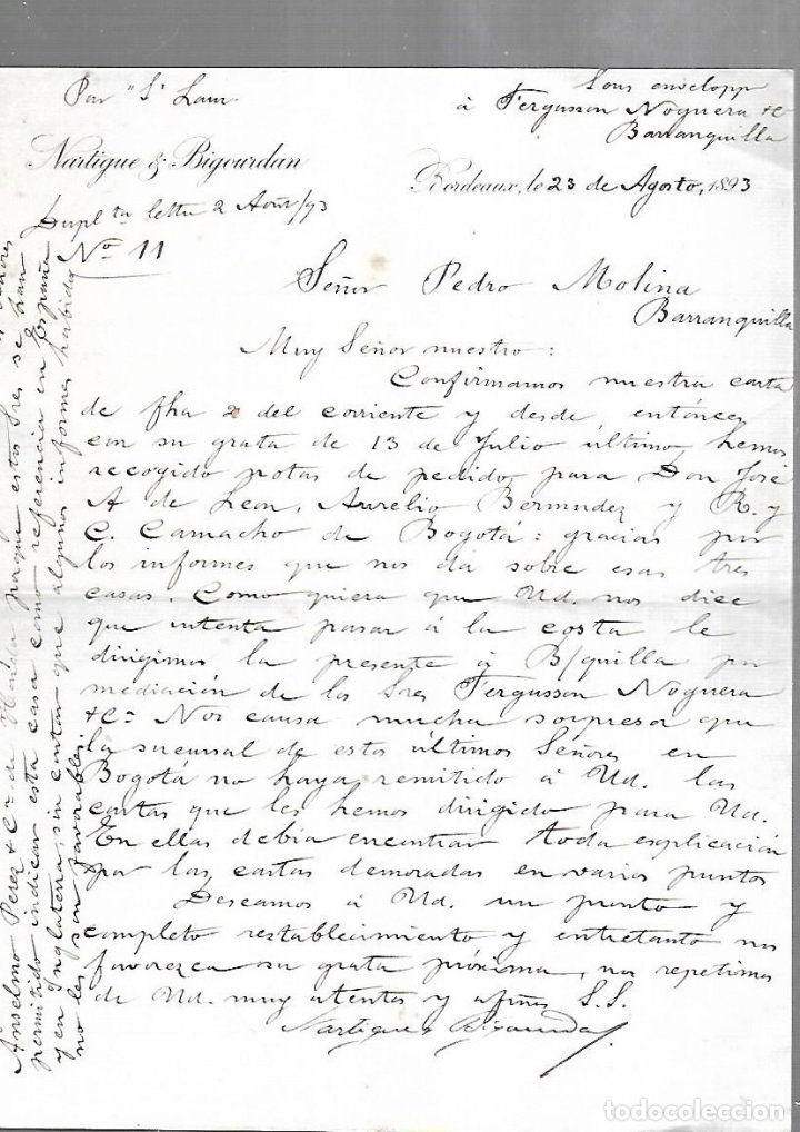 Documenti antichi: CARTA COMERCIAL. NARTIGUE & BIGOURDAN. BORDEAUX, FRANCIA. 1893. ENCAMINADA POR 'S LAM'