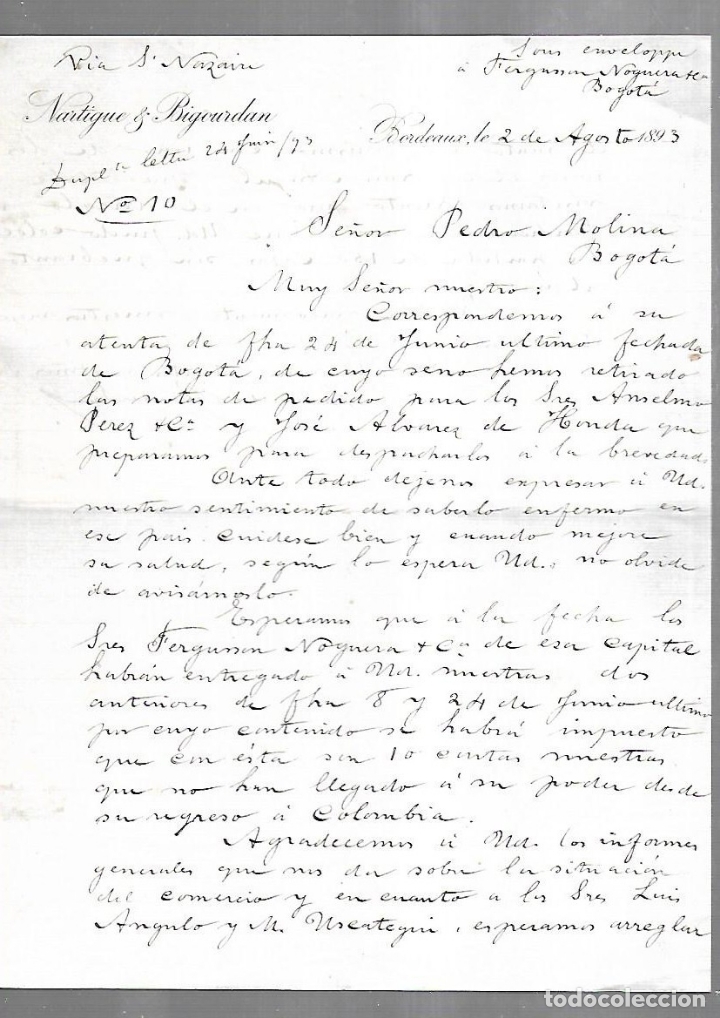 Documenti antichi: CARTA COMERCIAL. NARTIGUE & BIGOURDAN. BORDEAUX, FRANCIA. 1893. ENCAMINADA POR 'S NAZAIN'