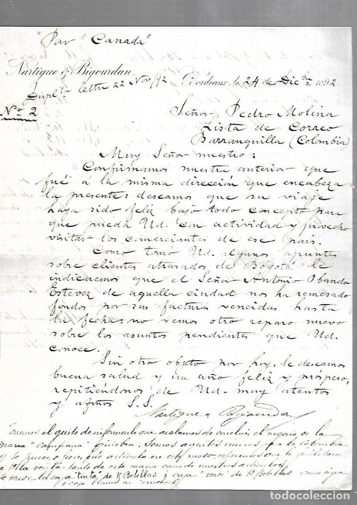 Documenti antichi: CARTA COMERCIAL. NARTIGUE & BIGOURDAN. BORDEAUX, FRANCIA. 1893. ENCAMINADA POR 'CANADA'