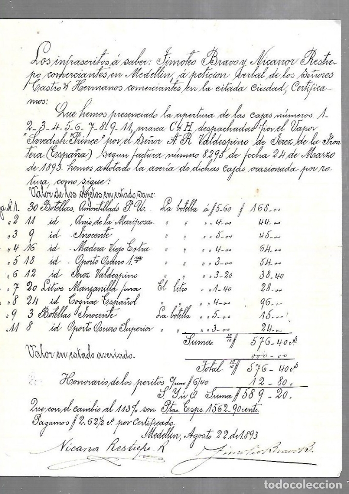 Documenti antichi: CARTA COMERCIAL CON LISTA DE PRECIOS DE DE VINOS. MEDELLIN. CASTRO & HERMANOS.
