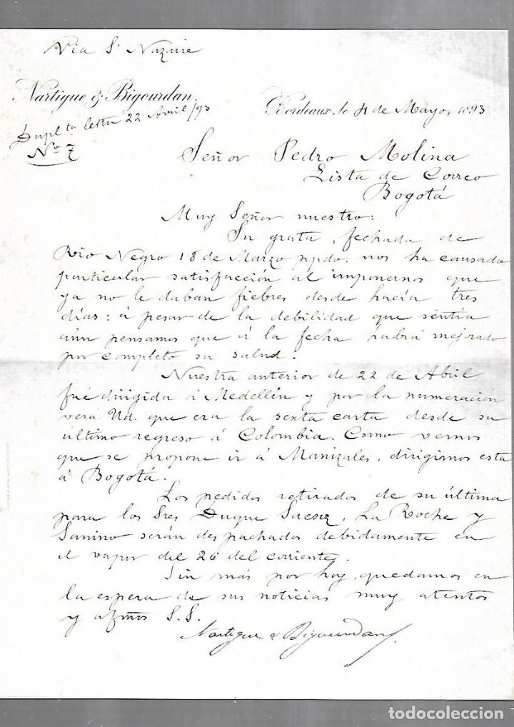 Documenti antichi: CARTA COMERCIAL. NARTIGUE & BIGOURDAN. BORDEAUX, FRANCIA. 1893. ENCAMINADO POR 'S NAZARIE'