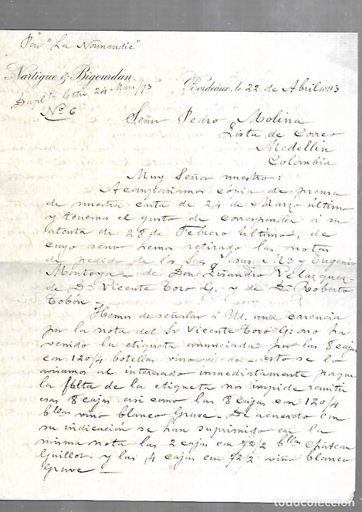 Documenti antichi: CARTA COMERCIAL. NARTIGUE & BIGOURDAN. BORDEAUX, FRANCIA. 1893. ENCAMINADO POR 'LA NORMANDIE'