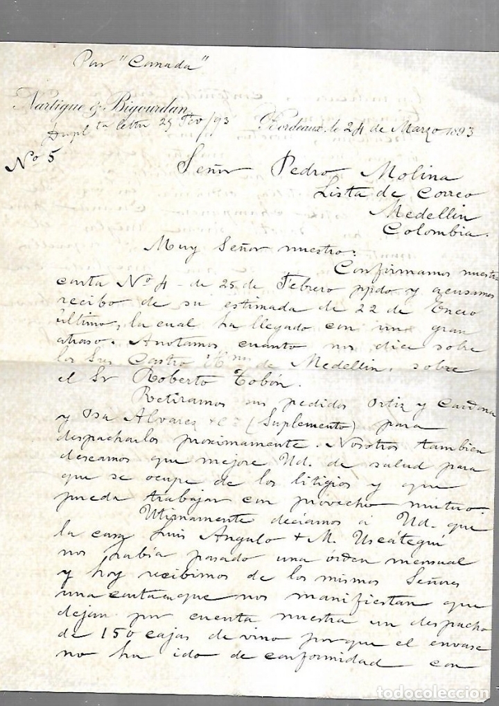 Documenti antichi: CARTA COMERCIAL. NARTIGUE & BIGOURDAN. BORDEAUX, FRANCIA. 1893. ENCAMINADO POR 'CANADA'