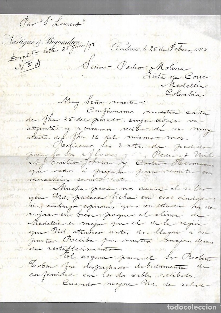 Documenti antichi: CARTA COMERCIAL. NARTIGUE & BIGOURDAN. BORDEAUX, FRANCIA. 1893. ENCAMINADO POR 'S LAURENT'