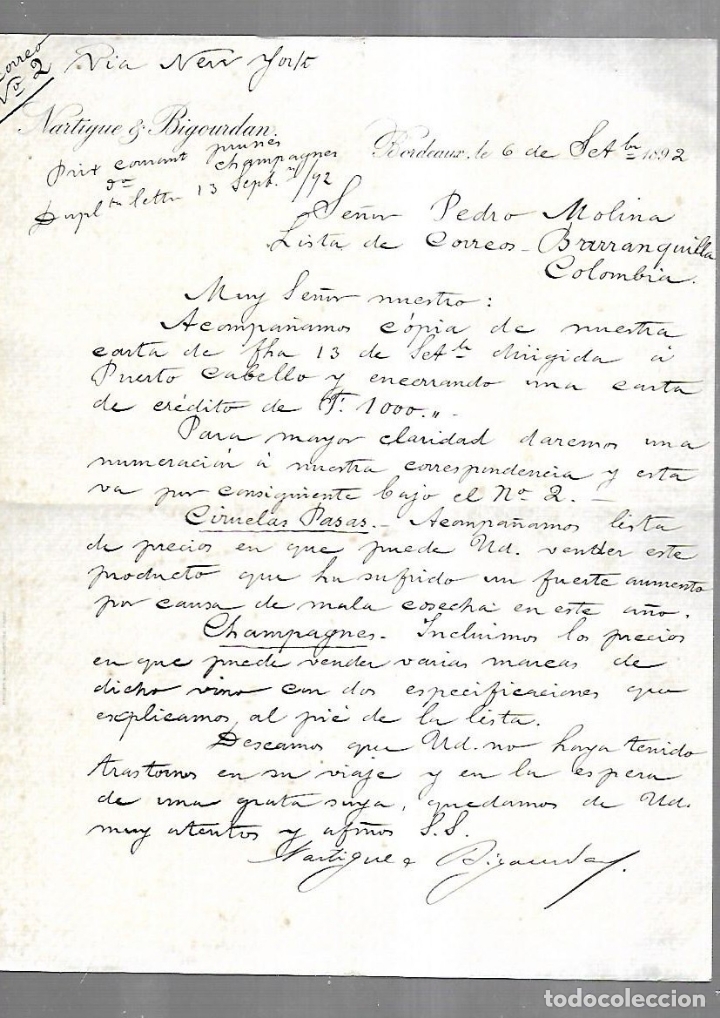 Documenti antichi: CARTA COMERCIAL. NARTIGUE & BIGOURDAN. BORDEAUX, FRANCIA. 1892. ENCAMINADO POR 'NEW YORK'