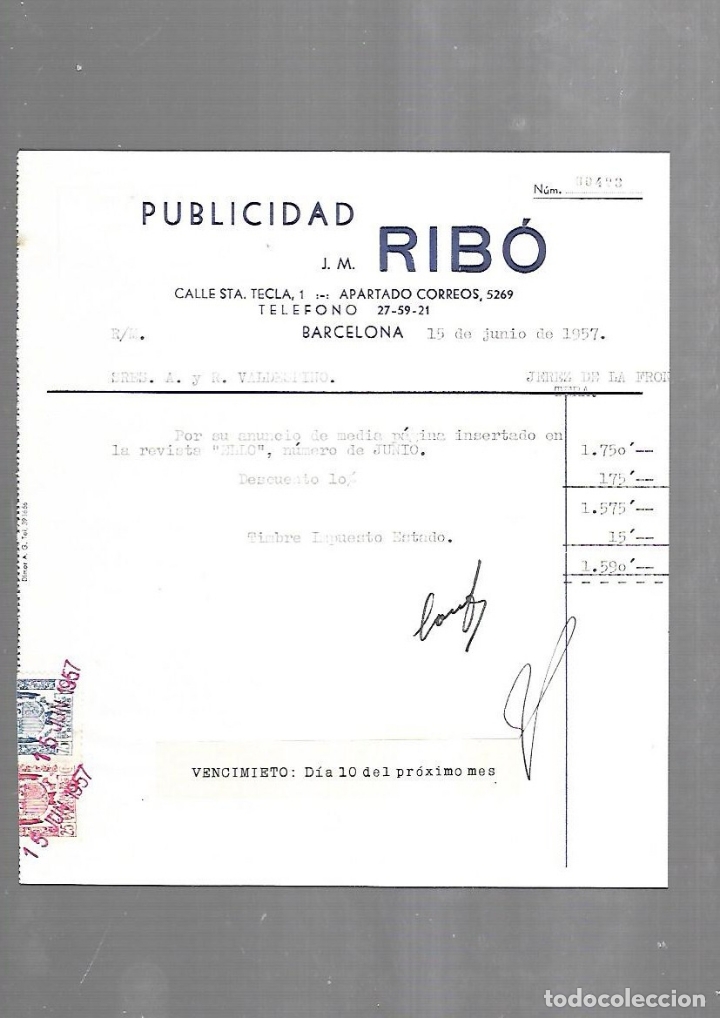 Documenti antichi: FACTURA. PUBLICIDAD. J.M.RIBO. BARCELONA. 1957