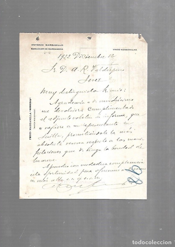 Documenti antichi: CARTA COMERCIAL. ANTONIO BARBADILLO. VINOS MANZANILLAS. SANLUCAR DE BARRAMEDA. 1922