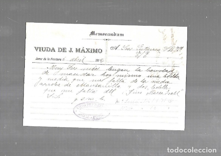 Documentos antiguos: MEMORANDUM. VIUDA DE J.MAXIMO. 1912. JEREZ DE LA FRONTERA - Foto 1