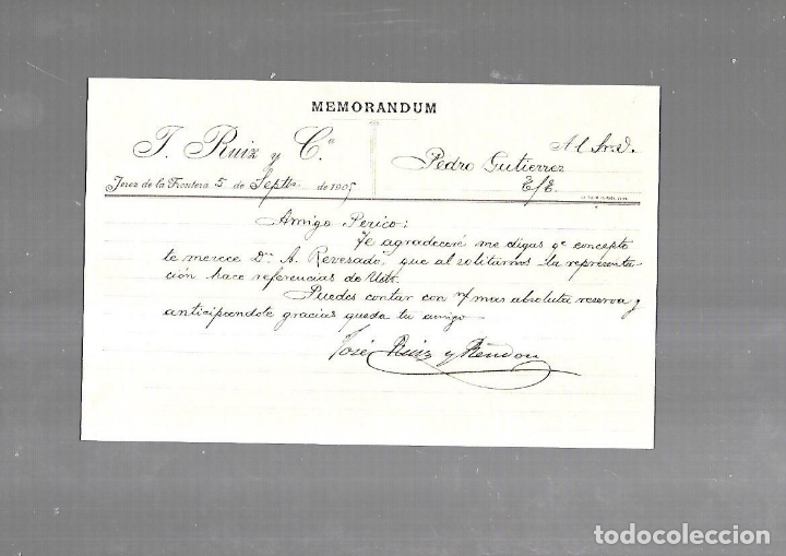 Documenti antichi: MEMORANDUM. J.RUIZ Y CIA. JEREZ DE LA FRONTERA. 1909