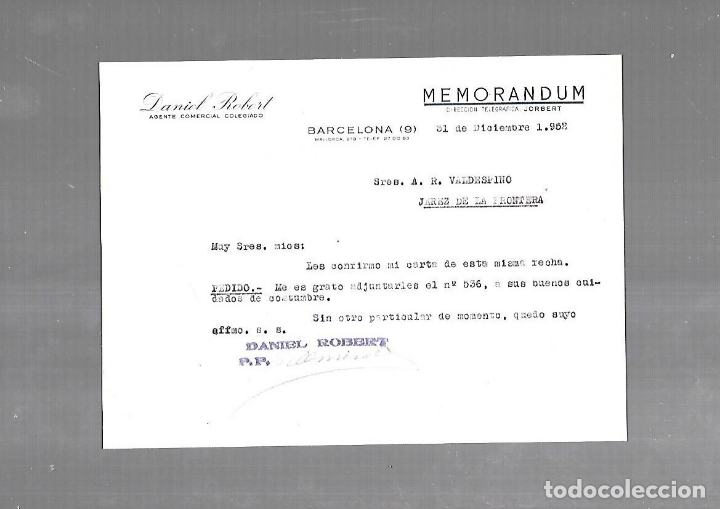 Documentos antiguos: MEMORANDUM. DANIEL ROBERT. AGENTE COMERCIAL. BARCELONA. 1952 - Foto 1