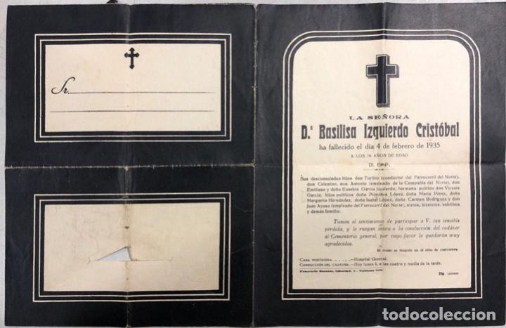 Documenti antichi: ESQUELA DE DO&Ntilde;A BASILIA IZQUIERDO CRISTOBAL. 4 DE FEBRERO DE 1935. FUNERARIA BERZOSA.