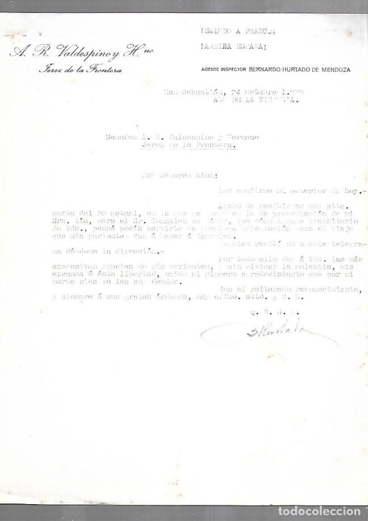 Documenti antichi: CARTA COMERCIAL. A.R.VALDESPINO & HNO. JEREZ DE LA FRONTERA. 1939. GUERRA CIVIL. ARRIBA ESPA&Ntilde;A