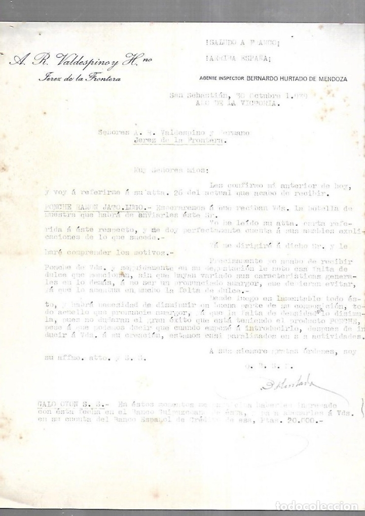Documenti antichi: CARTA COMERCIAL. A.R.VALDESPINO & HNO. JEREZ DE LA FRONTERA. 1939. GUERRA CIVIL. ARRIBA ESPA&Ntilde;A