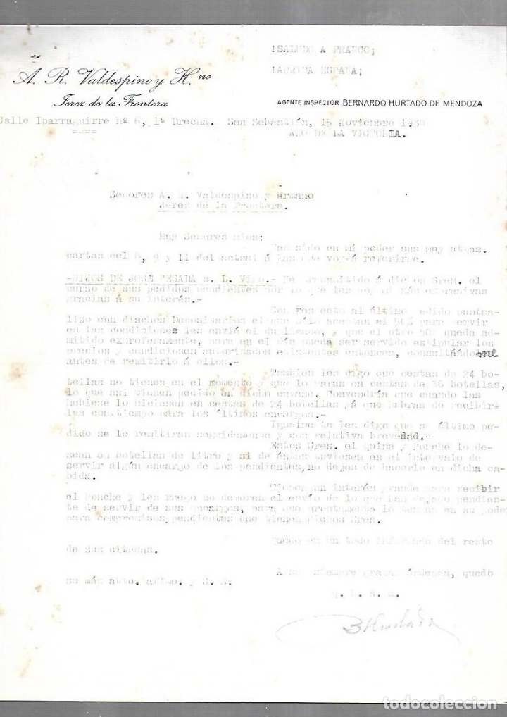 Documenti antichi: CARTA COMERCIAL. A.R.VALDESPINO & HNO. JEREZ DE LA FRONTERA. 1939. GUERRA CIVIL. ARRIBA ESPA&Ntilde;A