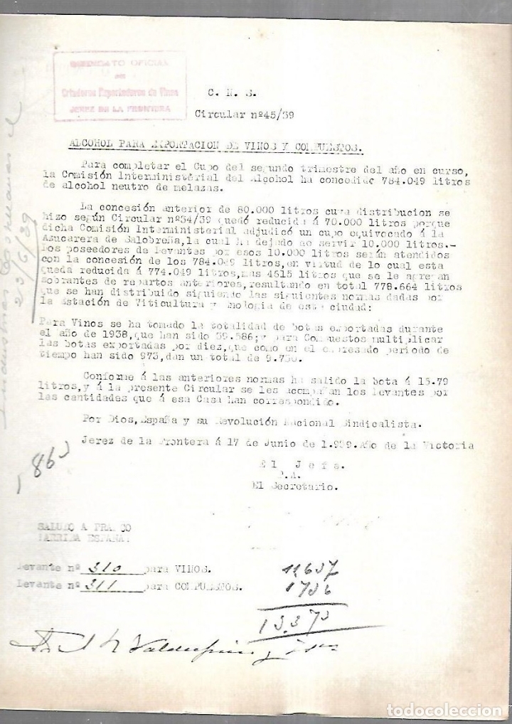 Documenti antichi: CIRCULAR. N&ordm; 45 .SINDICATO OFICIAL DE CRIADORES EXPORTADORES DE VINO. JEREZ DE LA FRONTERA. 1939