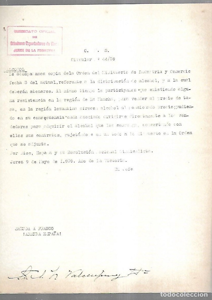 Documenti antichi: CIRCULAR. N&ordm; 44 .SINDICATO OFICIAL DE CRIADORES EXPORTADORES DE VINO. JEREZ DE LA FRONTERA. 1939